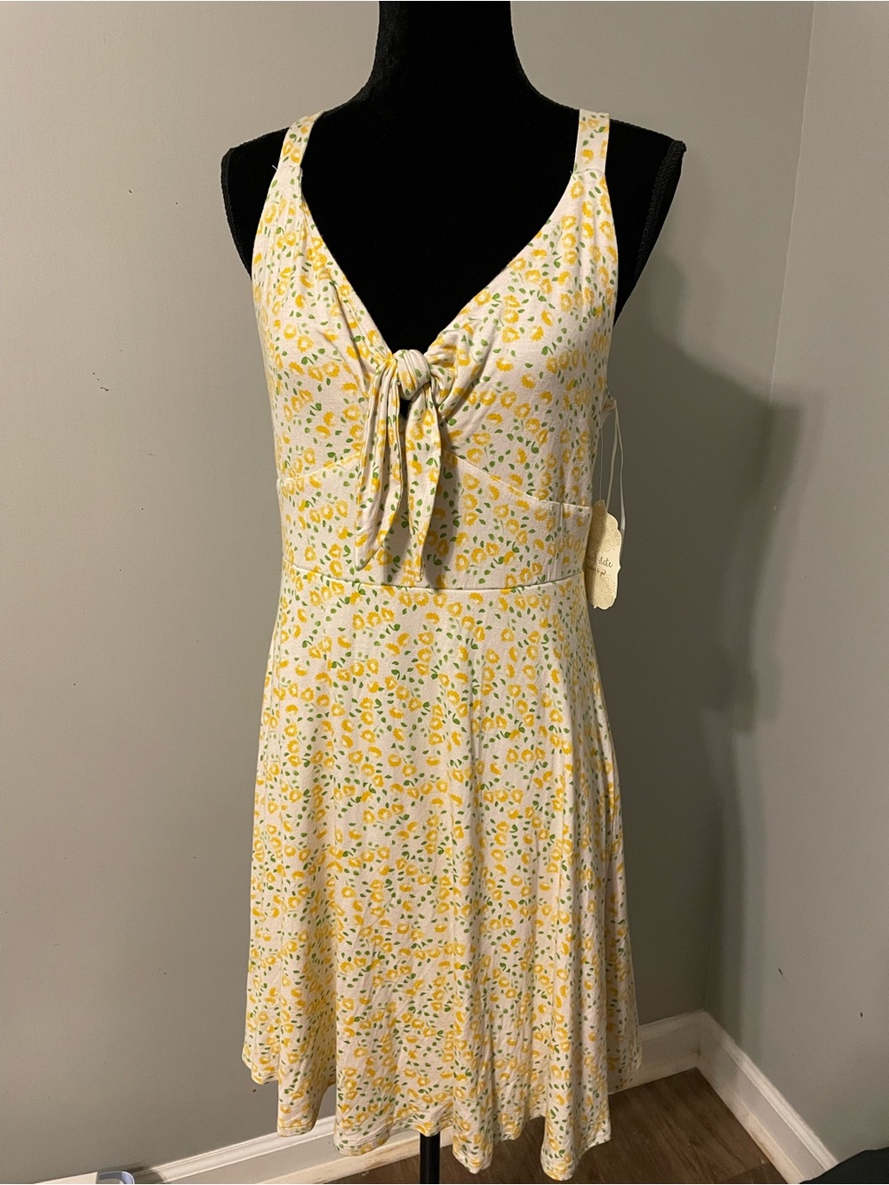 Altar'd State Yellow and Cream Floral Tie-Front Mini Dress